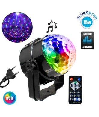 GloboStar® 79601-1 LED Party Disco Μπάλα με Περιστρεφόμενα Φωτορυθμικά Εφέ Πολύχρωμη RGB 15W με Sound Control Activated Εφέ και με Ασύρματο Χειριστήριο AC 230V IP20 Μ11 x Π8.6 x Υ13cm